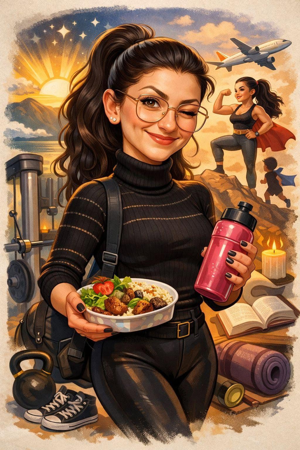 Illustrated portrait of Yana with a meal bowl, water bottle and gym gear
